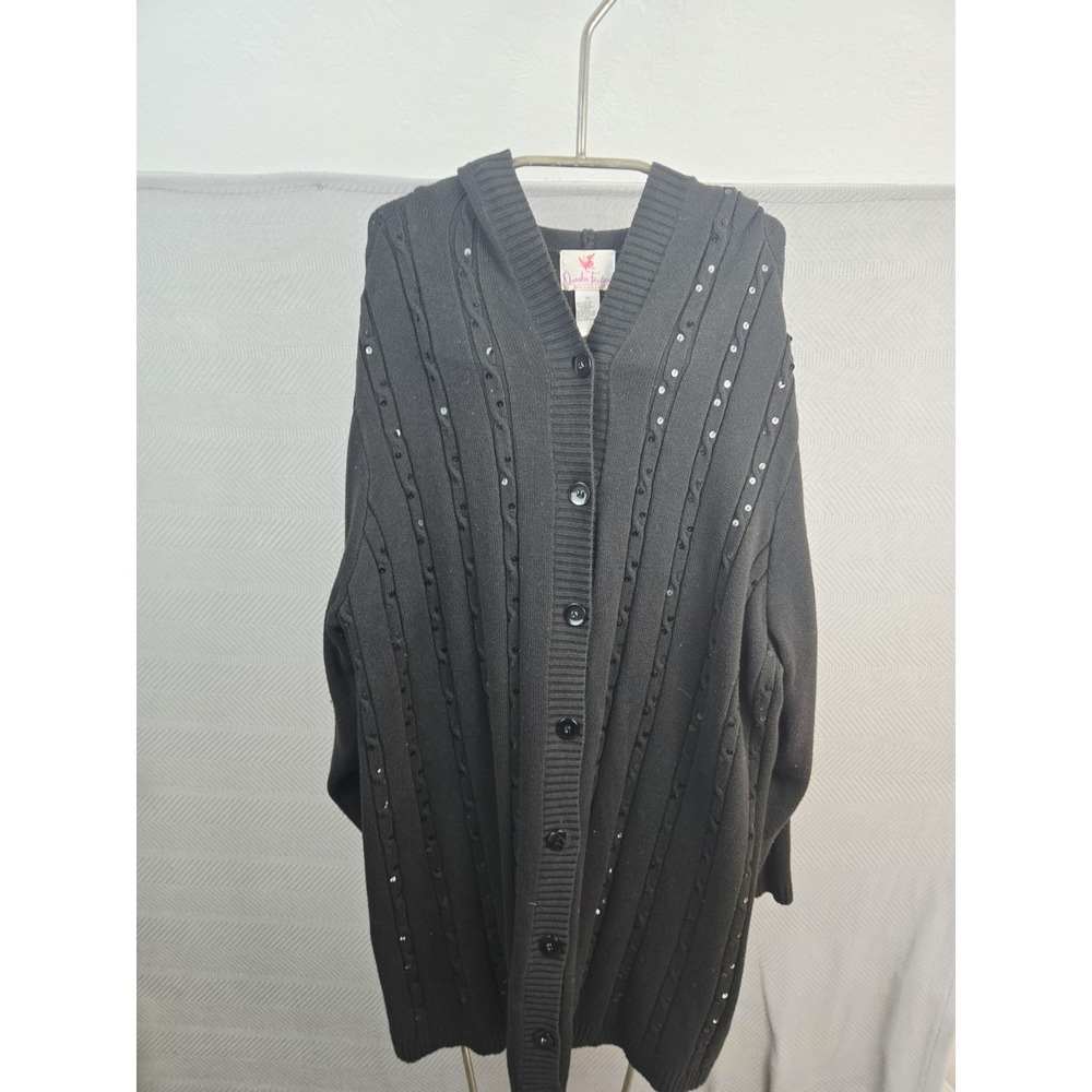 Womens Quacker Factory shirt sz 3X Long oversize black sequin sweater button up